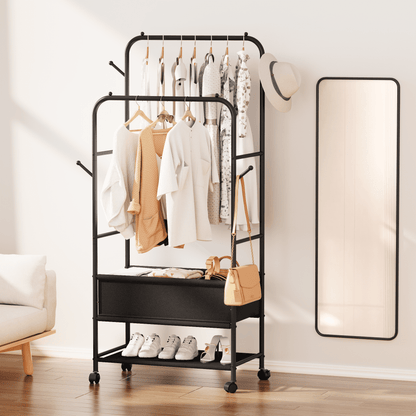 Satifur Double Rail Clothes Rack on Wheels, Heavy Duty Clothes Hanging Rack, Free Standing Garment Rack with Clothes Storage Bag, Black