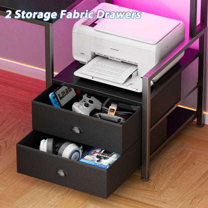 Satifur 57" L-Shaped Gaming Desk with LED Lights & Power Outlets, Computer Desk with Drawers & Printer Stand, Black