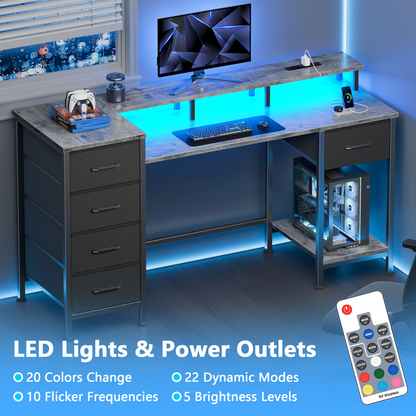 Satifur Gaming Desk with LED Lights & Power Outlets, 47" Computer Desk with 5 Fabric Drawers & Open Storage, Reversible Home Office Desk,Grey