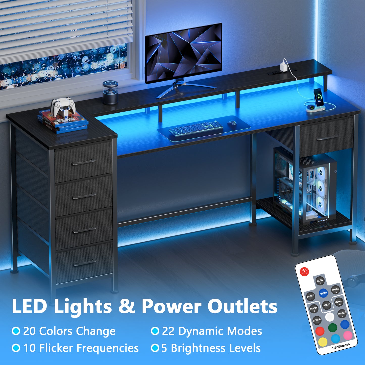 Satifur Gaming Desk with LED Lights & Power Outlets, 55" Computer Desk with 5 Fabric Drawers & Open Storage, Reversible Home Office Desk,Black