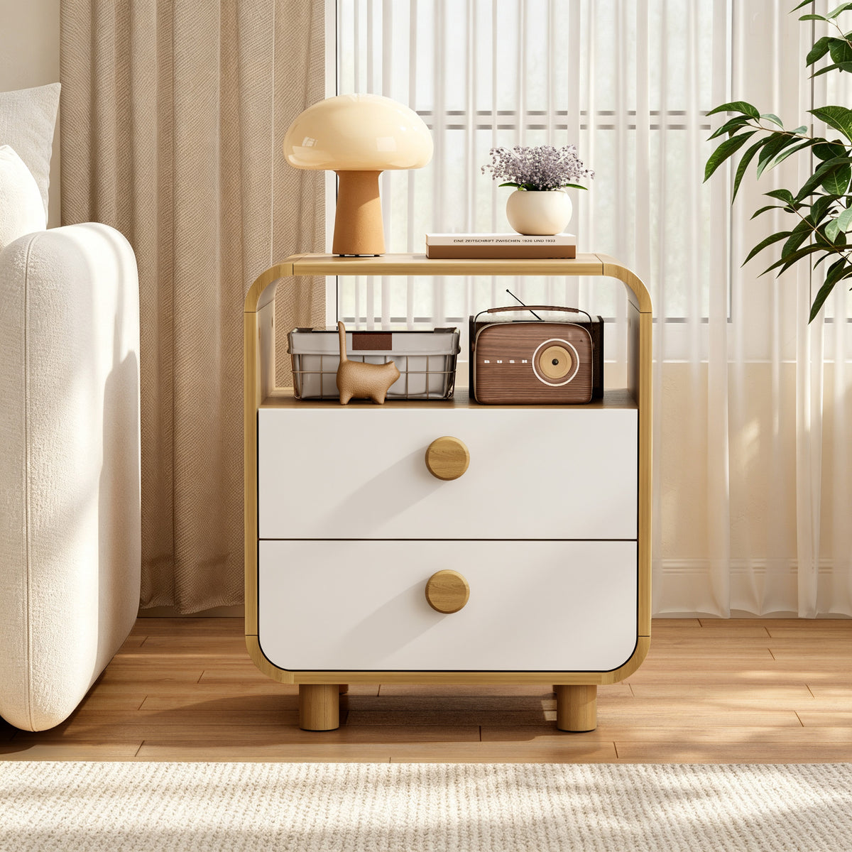 Satifur 2-Drawer Nightstand, White Bedside Table with Open Shelf & Wood Frame, Compact Storage for Bedroom, Living Room
