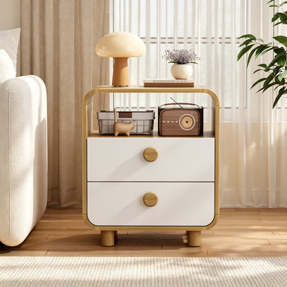 Satifur 2-Drawer Nightstand, White Bedside Table with Open Shelf & Wood Frame, Compact Storage for Bedroom, Living Room