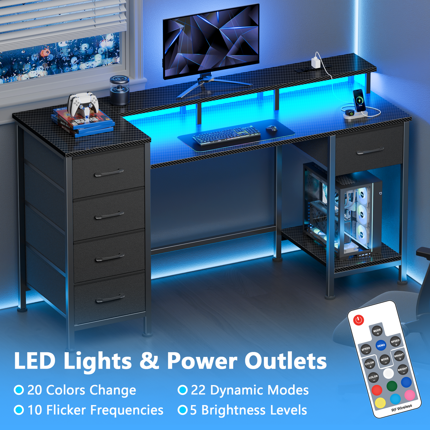 Satifur Gaming Desk with LED Lights & Power Outlets, 47" Computer Desk with 5 Fabric Drawers & Open Storage, Reversible Home Office Desk,Carbon Fiber Black