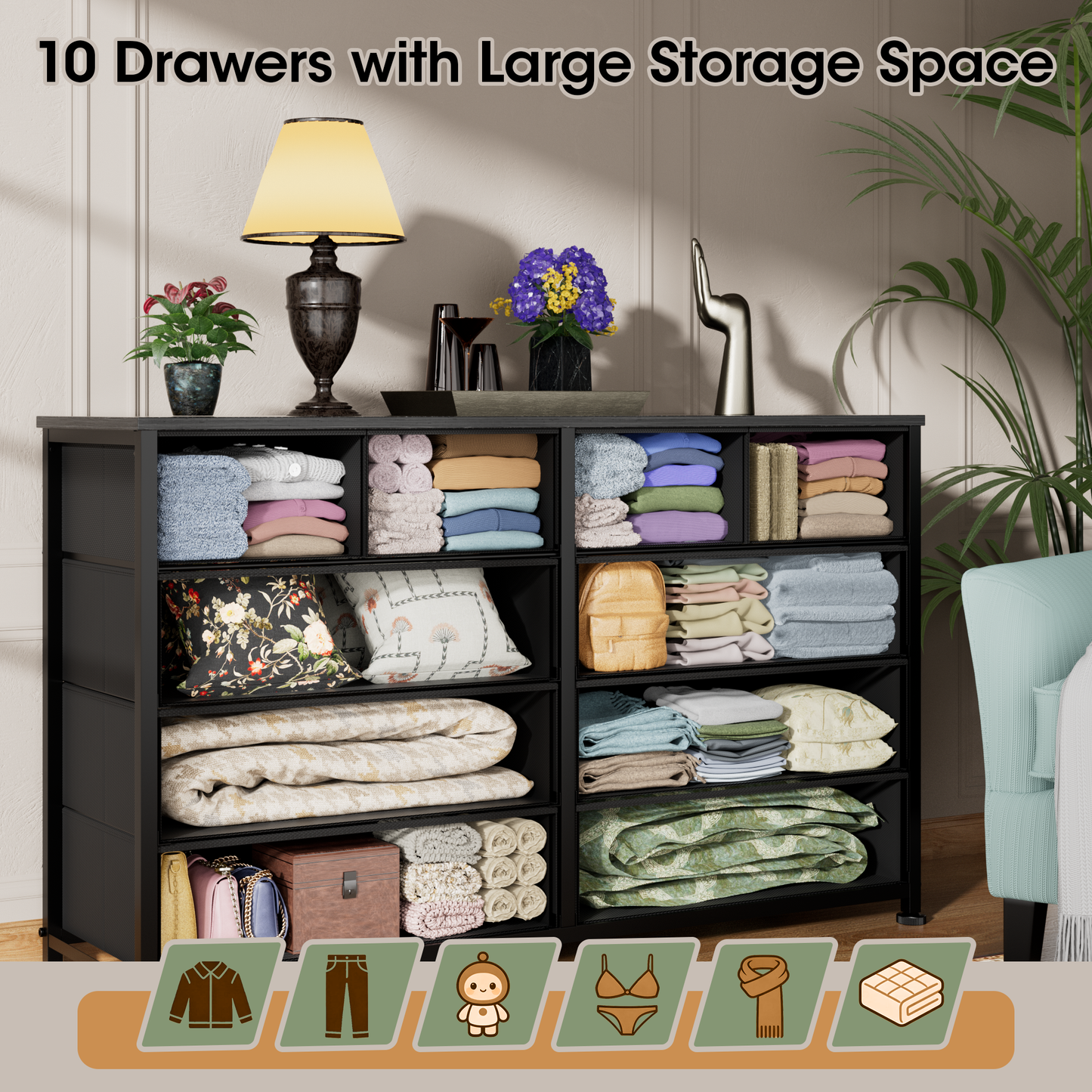 Tydimor Fabric Storage Dresser with 10 Drawers for Bedroom, Modern Wide Chest for Living Room, Black Oak