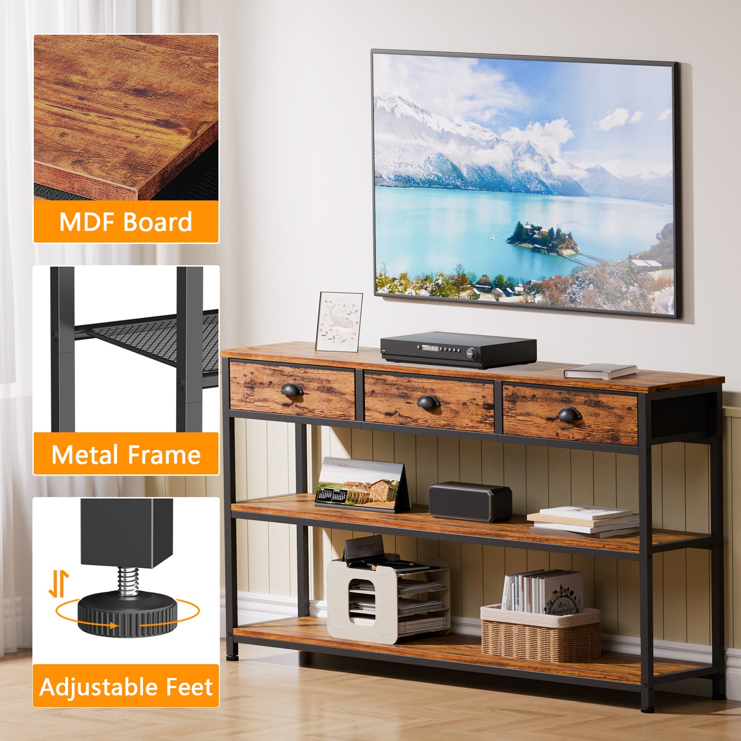 Satifur 47" Entryway Table with 4 Fabric Drawers, Console Table Metal Frame Sofa Table with 2 Shelves for Living Room and Hallway,Brown