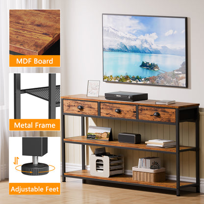 Satifur 47" Entryway Table with 4 Fabric Drawers, Console Table Metal Frame Sofa Table with 2 Shelves for Living Room and Hallway,Brown