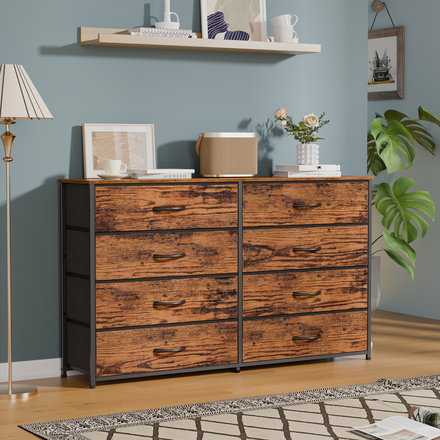 Tydimor 8 Fabric Drawers Dressers for Bedroom Wide Dresser TV Stand for 55" TVs, Chest of Drawers, Rustic Brown