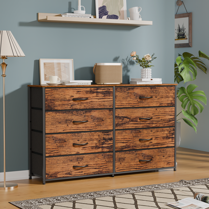 Tydimor 8 Fabric Drawers Dressers for Bedroom Wide Dresser TV Stand for 55" TVs, Chest of Drawers, Rustic Brown
