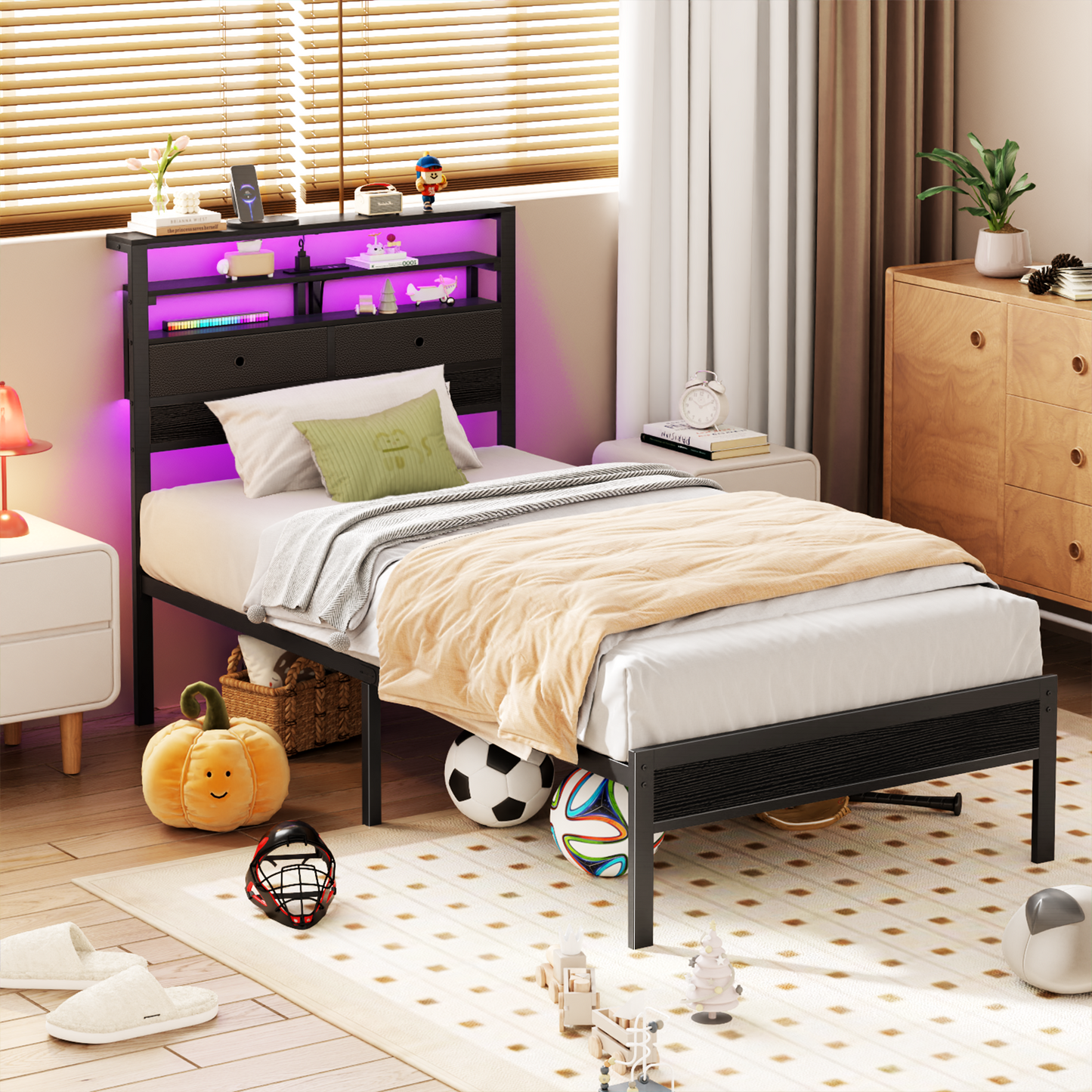 Tydimor Twin Size Bed Frame with 2 Storage Drawers Headboard, LED & Charging Station, Black oack