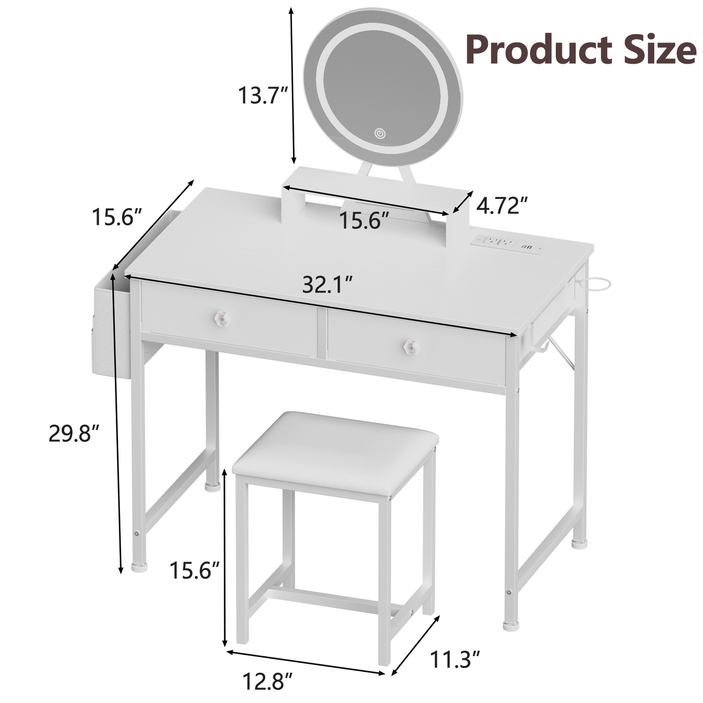 Satifur Vanity Desk with Mirror & Lights, GRWM Vanity with Drawers & Storage Shelves, Makeup Dressing Table with Stool & Charging, White