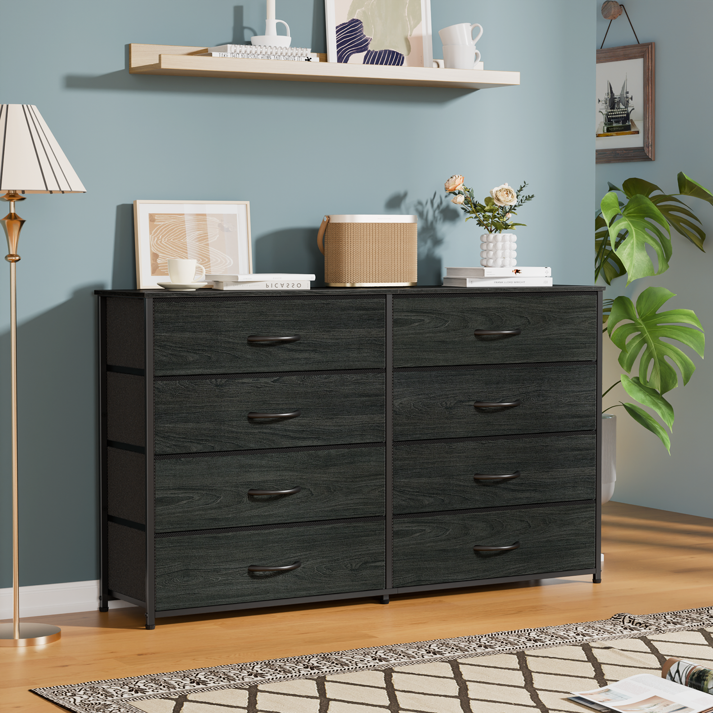 Tydimor Black 8 Fabric Drawers Dressers for Bedroom Wide Dresser TV Stand for 55" TVs, Chest of Drawers