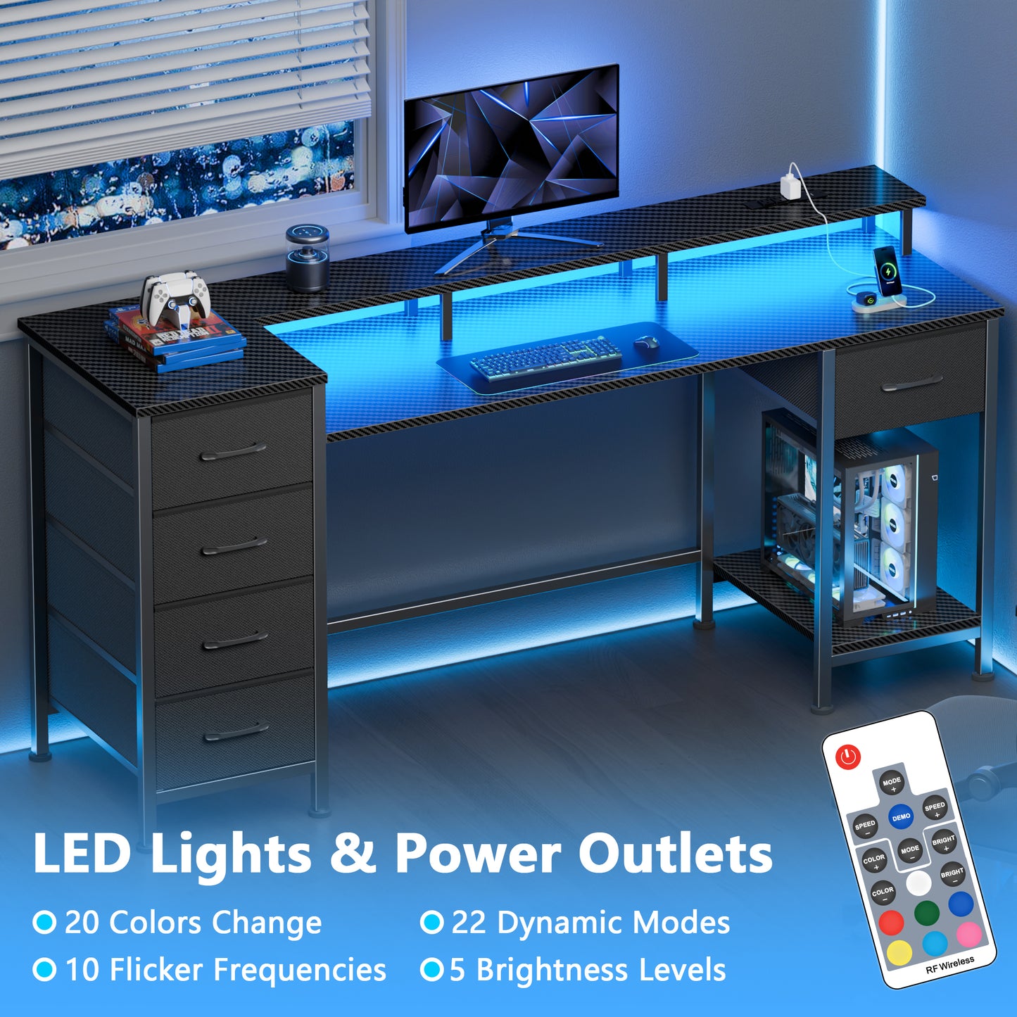 Satifur Gaming Desk with LED Lights & Power Outlets, 55" Computer Desk with 5 Fabric Drawers & Open Storage, Reversible Home Office Desk,Carbon Fiber Black