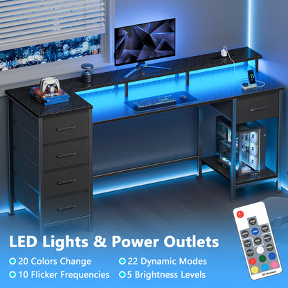 Satifur Gaming Desk with LED Lights & Power Outlets, 55" Computer Desk with 5 Fabric Drawers & Open Storage, Reversible Home Office Desk,Carbon Fiber Black