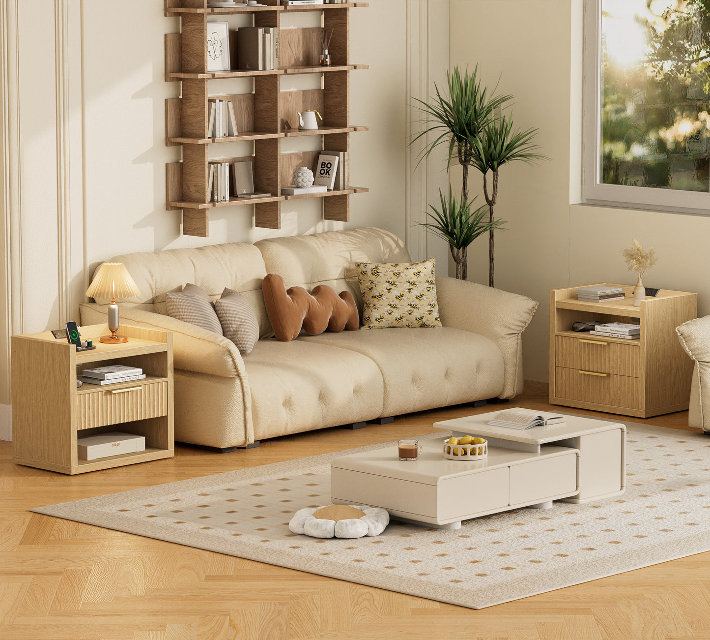 Satifur Modern Fluted Nightstand with Charging Station Storage Drawer, End Table with Open Shelf