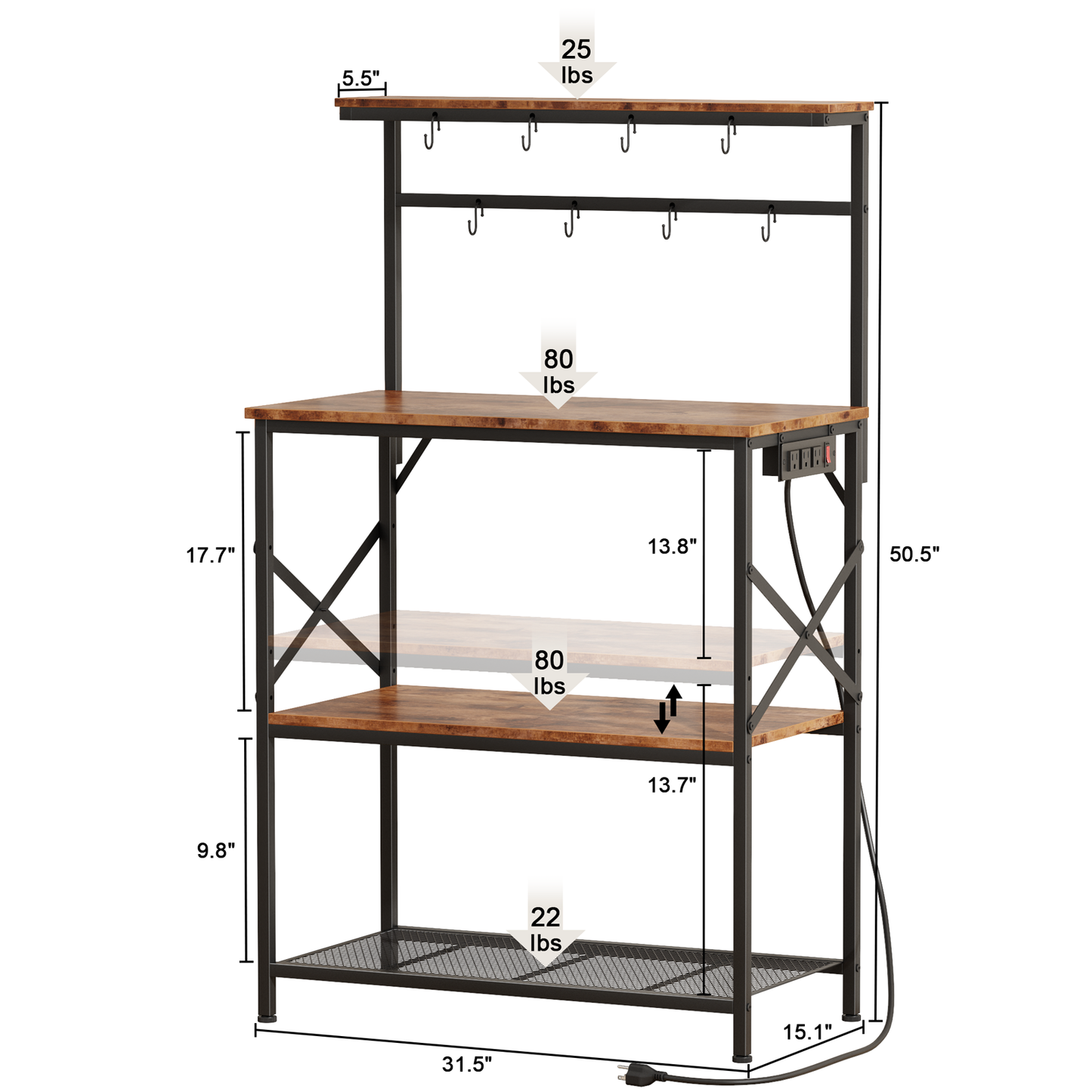 Tydimor Bakers Rack with Power Outlet, Kitchen Microwave Stand, 4-Tier Coffee Bar Table, Space-Saving Kitchen Storage Shelf, Rustic Brown