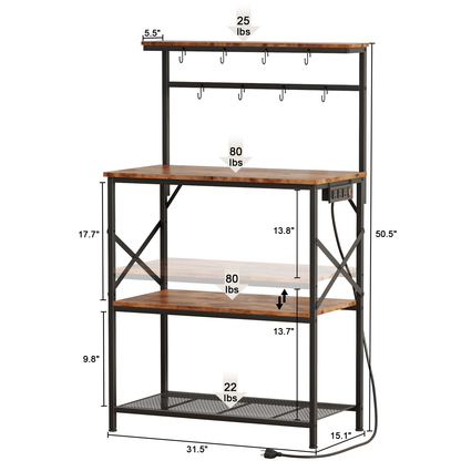 Tydimor Bakers Rack with Power Outlet, Kitchen Microwave Stand, 4-Tier Coffee Bar Table, Space-Saving Kitchen Storage Shelf, Rustic Brown
