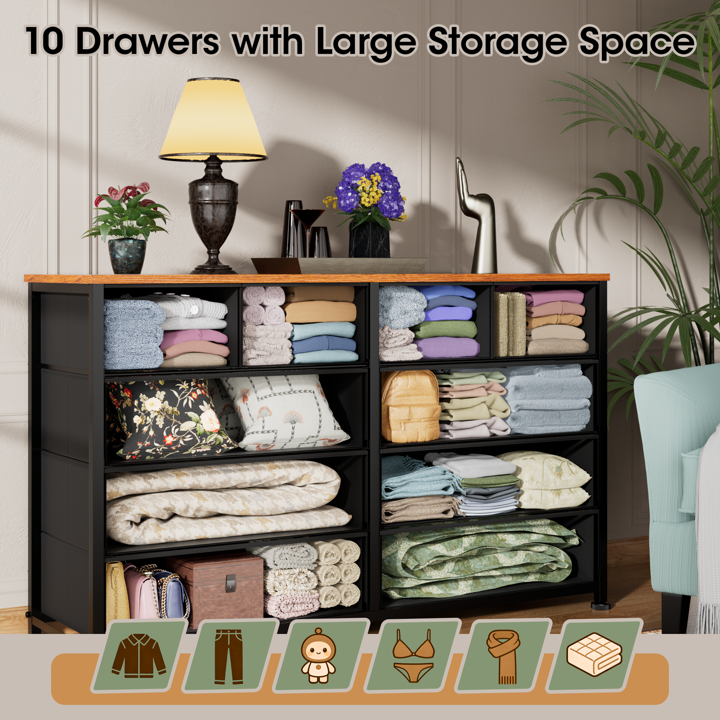 Tydimor Fabric Storage Dresser with 10 Drawers for Bedroom, Modern Wide Chest for Living Room, Rustic Brown