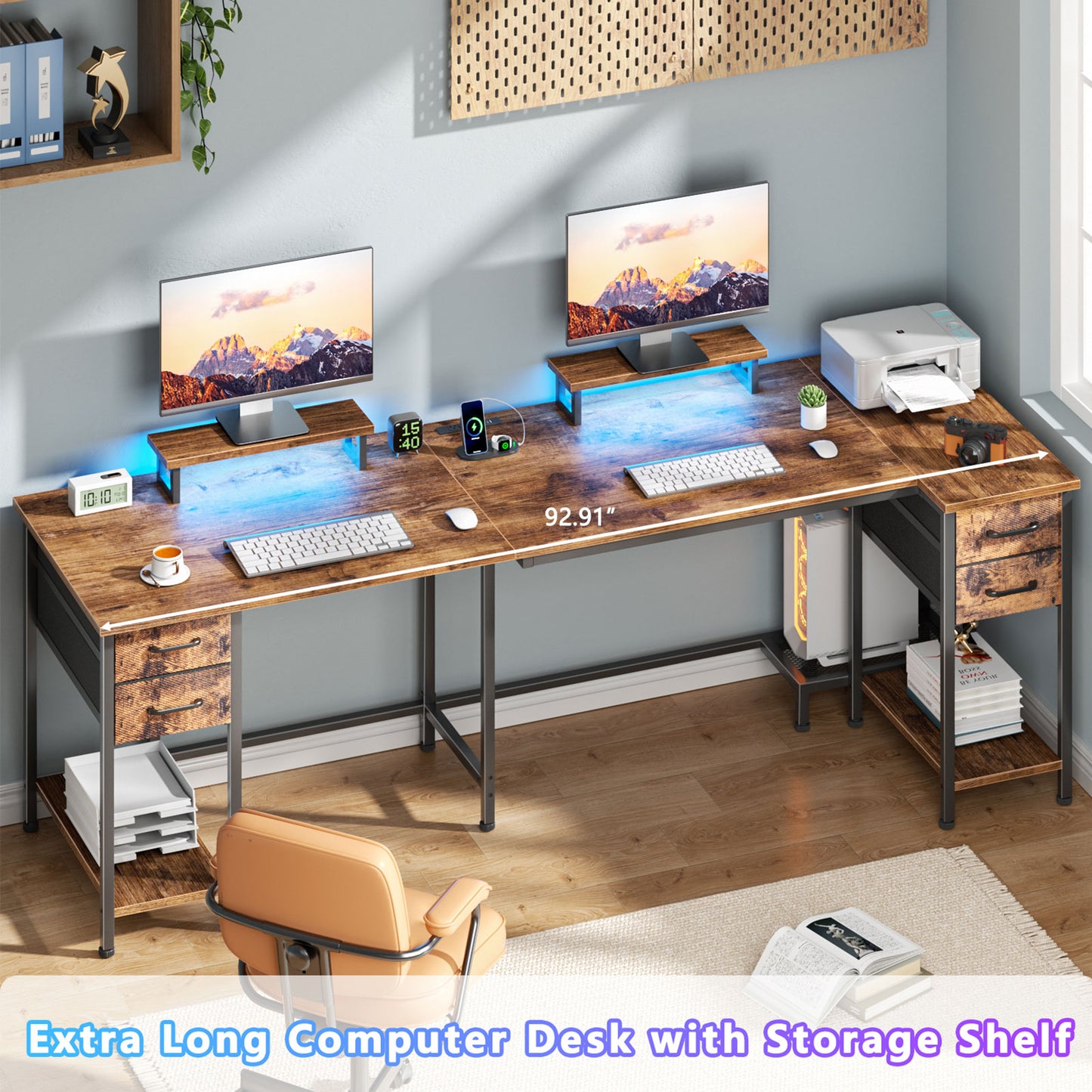 Satifur Computer Desk with Power Outlet & LED Light, Home Office Writting Desk for 2 Person 93" with Drawers & Monitor Stands, Rustic