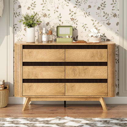 Satifur 6 Drawer Dresser, Wooden Wide Chest of Drawers for Bedroom, Living Room Storage Cabinet and TV Stand up to 45 Inch, Natural Oak