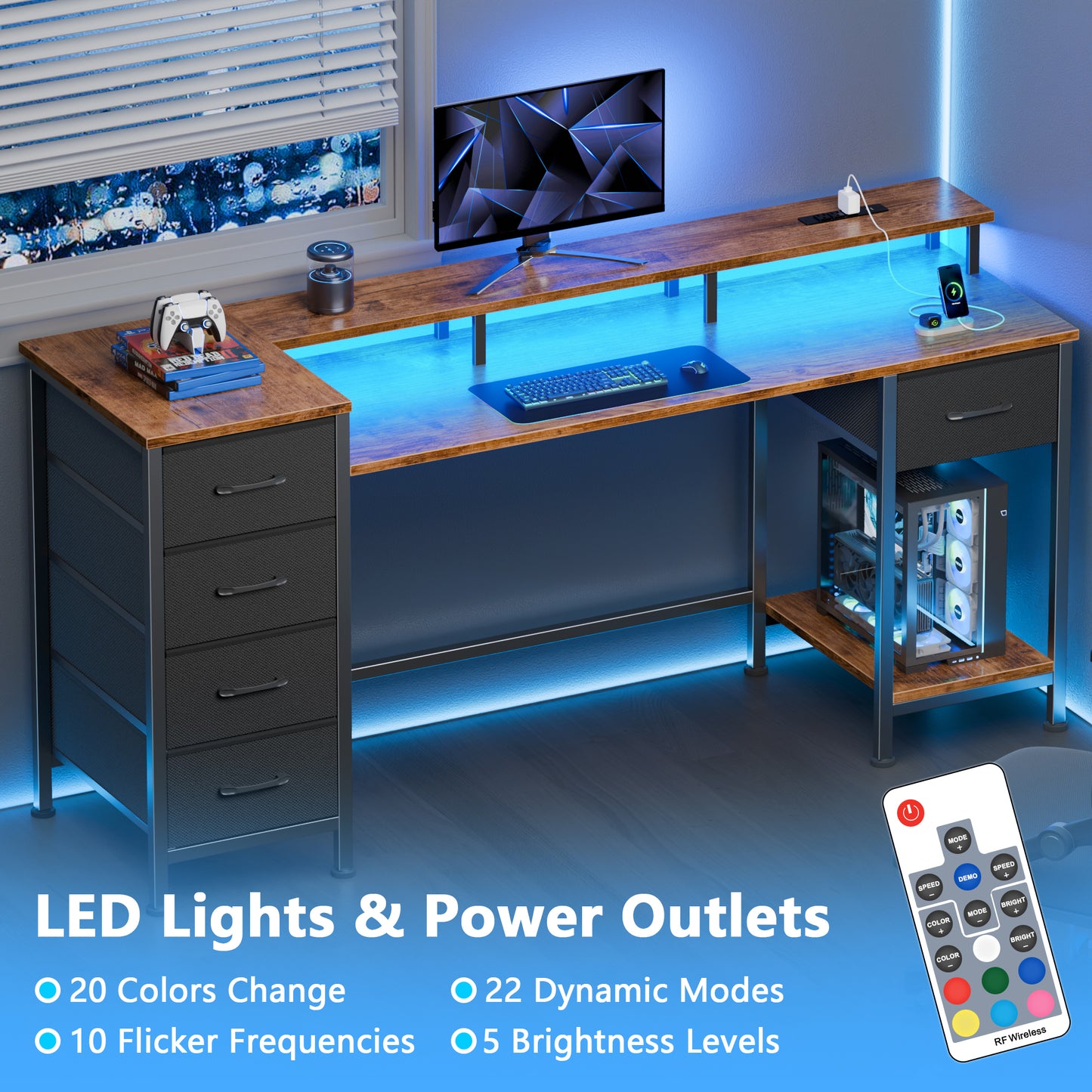 Satifur Gaming Desk with LED Lights & Power Outlets, 55" Computer Desk with 5 Fabric Drawers & Open Storage, Reversible Home Office Desk,retro Brown