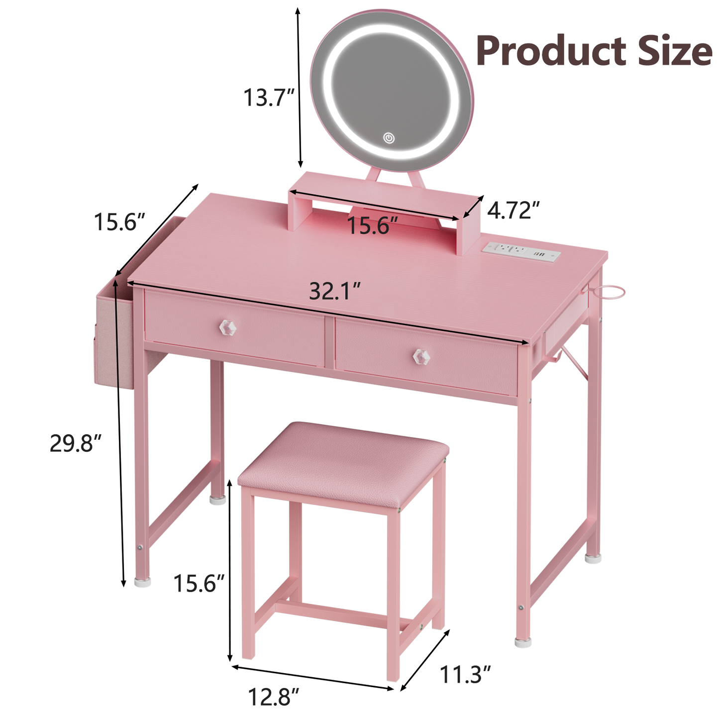 Satifur Vanity Desk with Mirror & Lights, GRWM Vanity with Drawers & Storage Shelves, Makeup Dressing Table with Stool & Charging, Pink