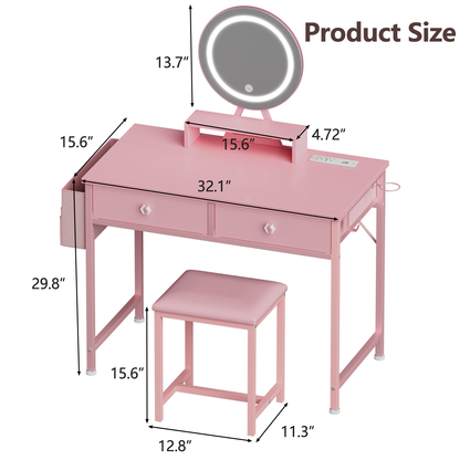 Satifur Vanity Desk with Mirror & Lights, GRWM Vanity with Drawers & Storage Shelves, Makeup Dressing Table with Stool & Charging, Pink
