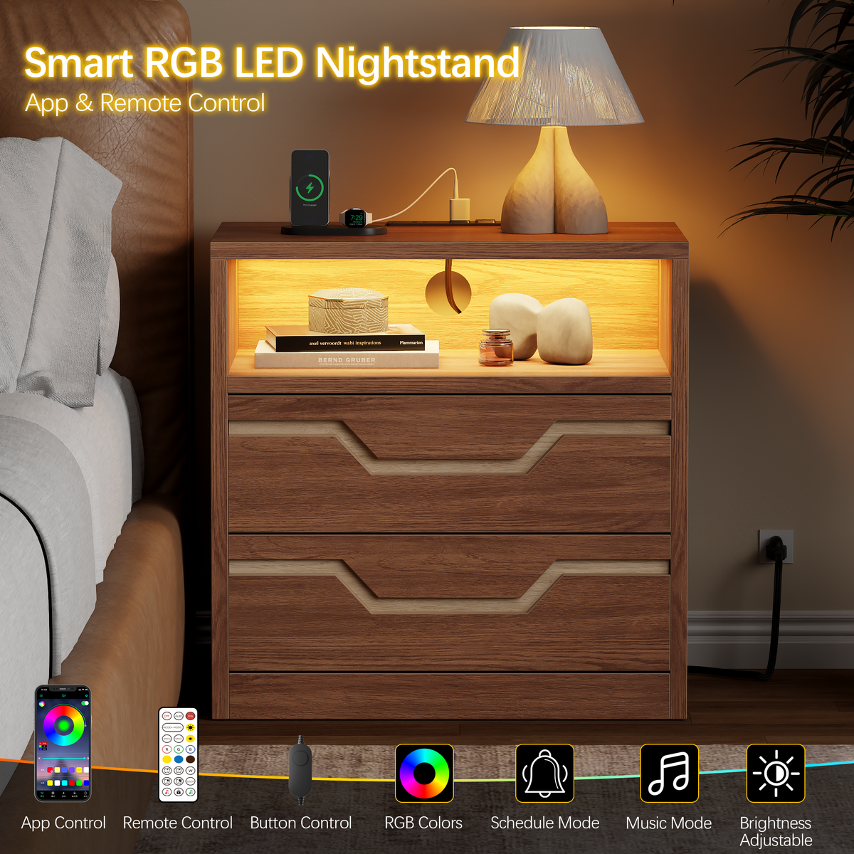 Satifur Charging Nightstand with Power Strip, Bedside Table with 2 Drawers & Open Shelf, Modern End Table with USB & Type-C Ports for Living Room, Black