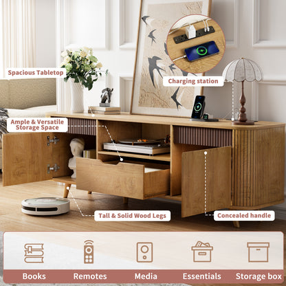Tydimor TV Stands with Power Outlets, Entertainment Center Dresser for Living Room, Media Console Table with 2 Cabinets & 1 Drawer, Natural
