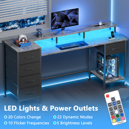 Satifur Gaming Desk with LED Lights & Power Outlets, 55" Computer Desk with 5 Fabric Drawers & Open Storage, Reversible Home Office Desk,Grey