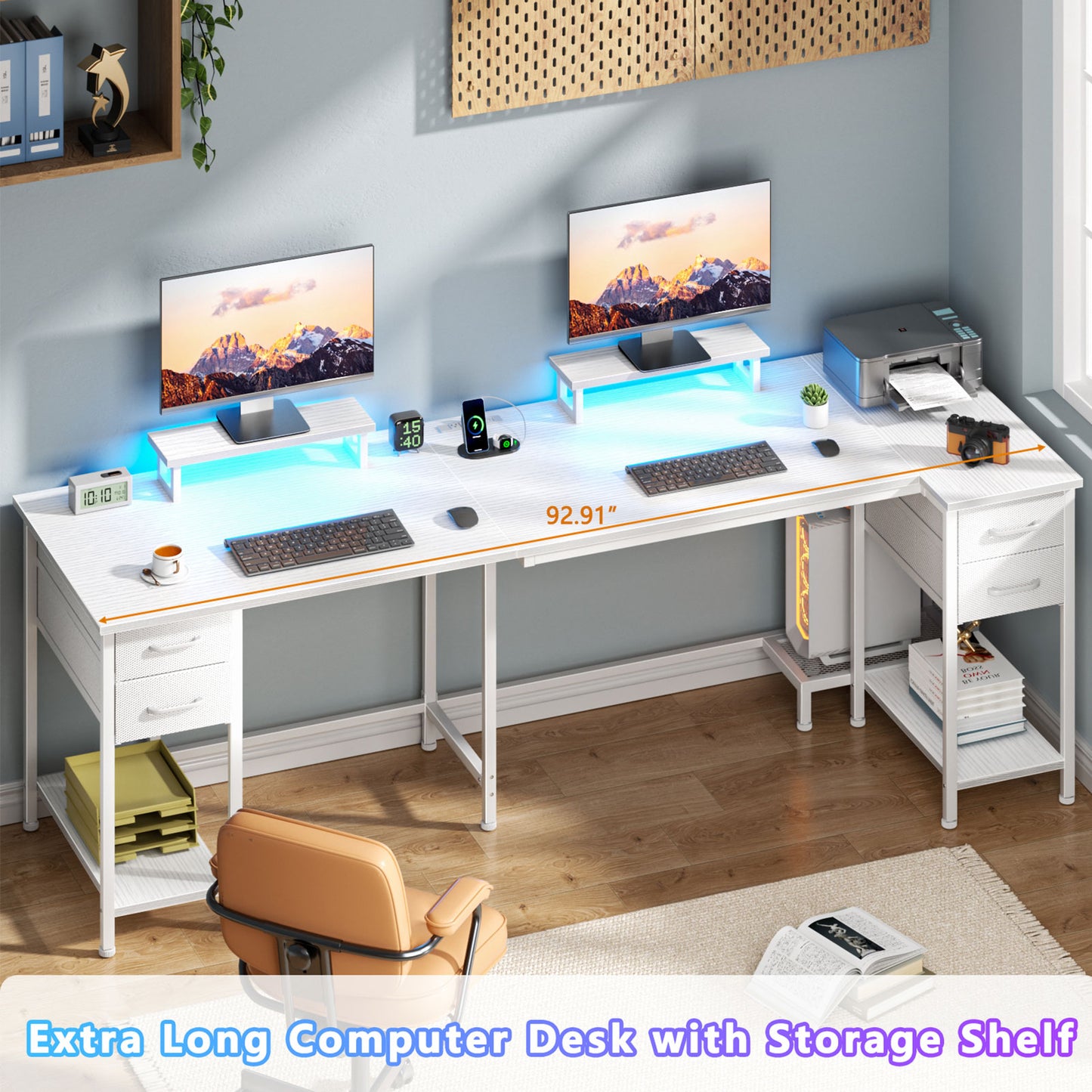 Satifur Computer Desk with Power Outlet & LED Light, Home Office Writting Desk for 2 Person 93" with Drawers & Monitor Stands, White