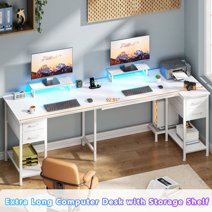 Satifur Computer Desk with Power Outlet & LED Light, Home Office Writting Desk for 2 Person 93" with Drawers & Monitor Stands, White