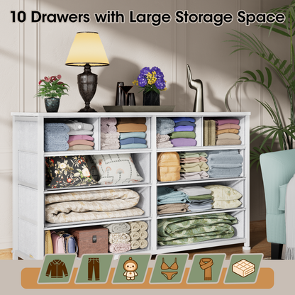 Tydimor Fabric Storage Dresser with 10 Drawers for Bedroom, Modern Wide Chest for Living Room, White