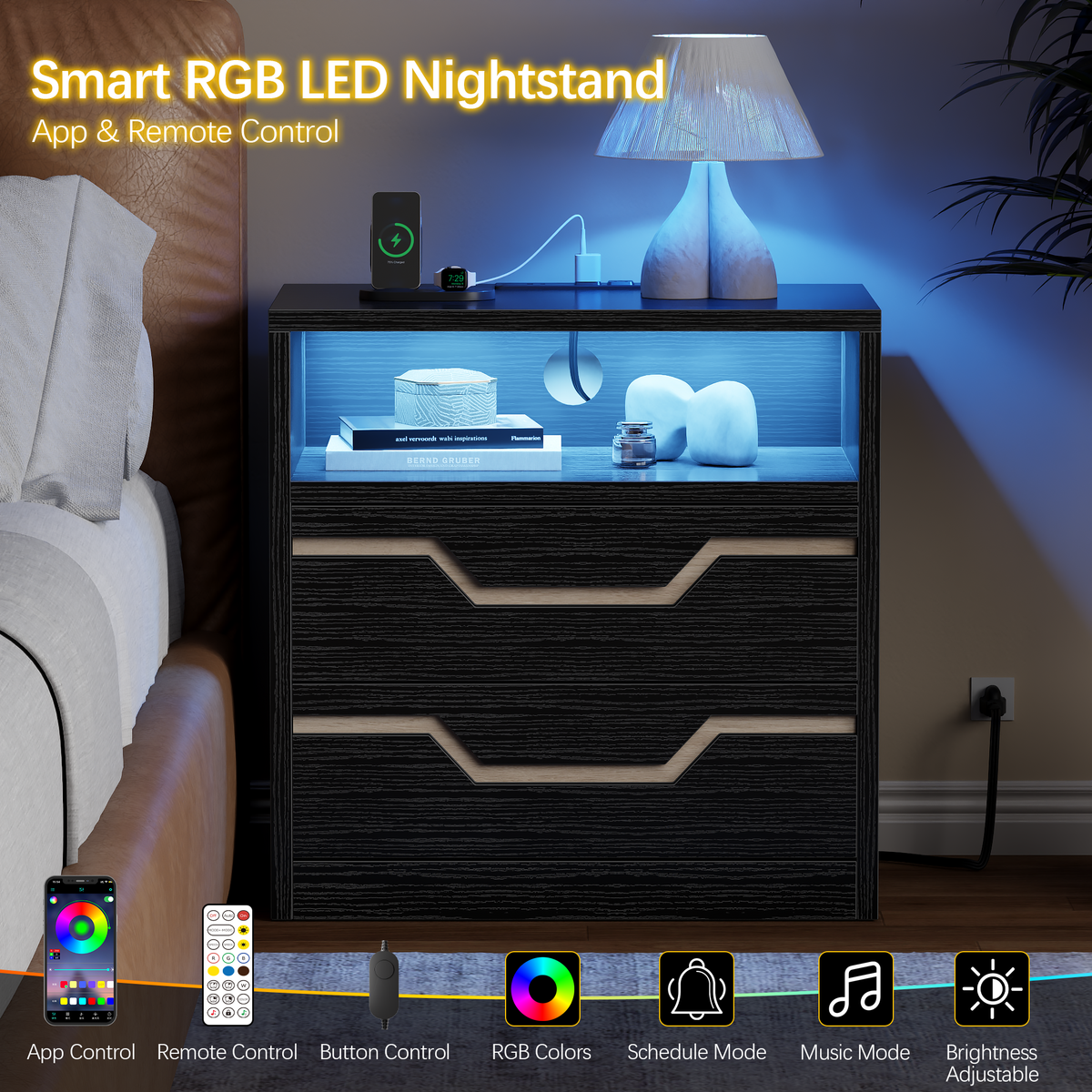 Satifur Charging Nightstand with Power Strip, Bedside Table with 2 Drawers & Open Shelf, Modern End Table with USB & Type-C Ports for Living Room, Black