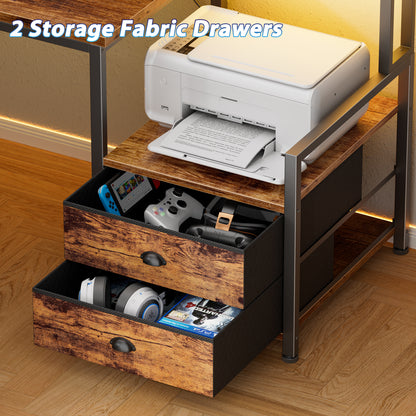 Satifur 57" L-Shaped Gaming Desk with LED Lights & Power Outlets, Computer Desk with Drawers & Printer Stand, Rustic Brown