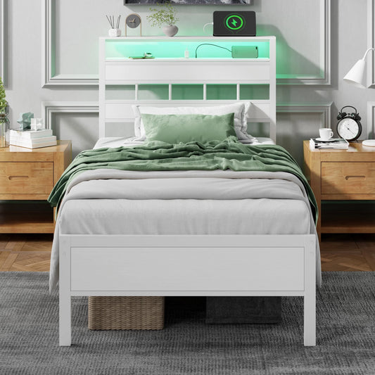 Satifur Twin Bed Frames with Charging Station and LED Lights, Twin Size Platform Bed with Wood Headboard & 2-Tier Storage Shelves, No Box Spring Needed, White
