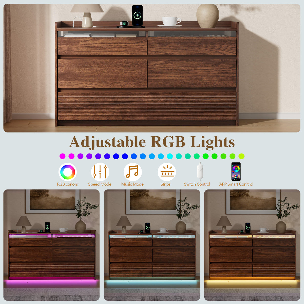 Satifur 6-Drawer Dresser with Charging Station & LED Lights, Modern Wooden Storage Cabinet & Chest of Drawers for Bedroom and Living Room, American Walnut