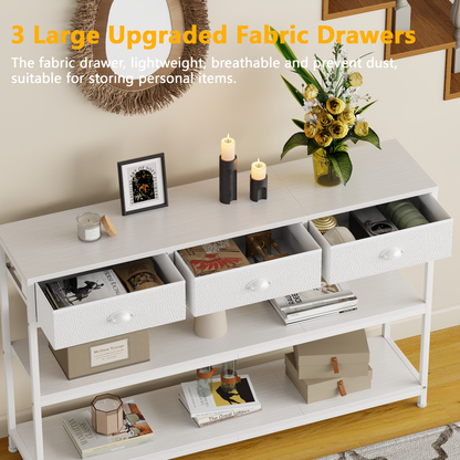 Satifur 47" Entryway Table with 4 Fabric Drawers, Console Table Metal Frame Sofa Table with 2 Shelves for Living Room and Hallway, White