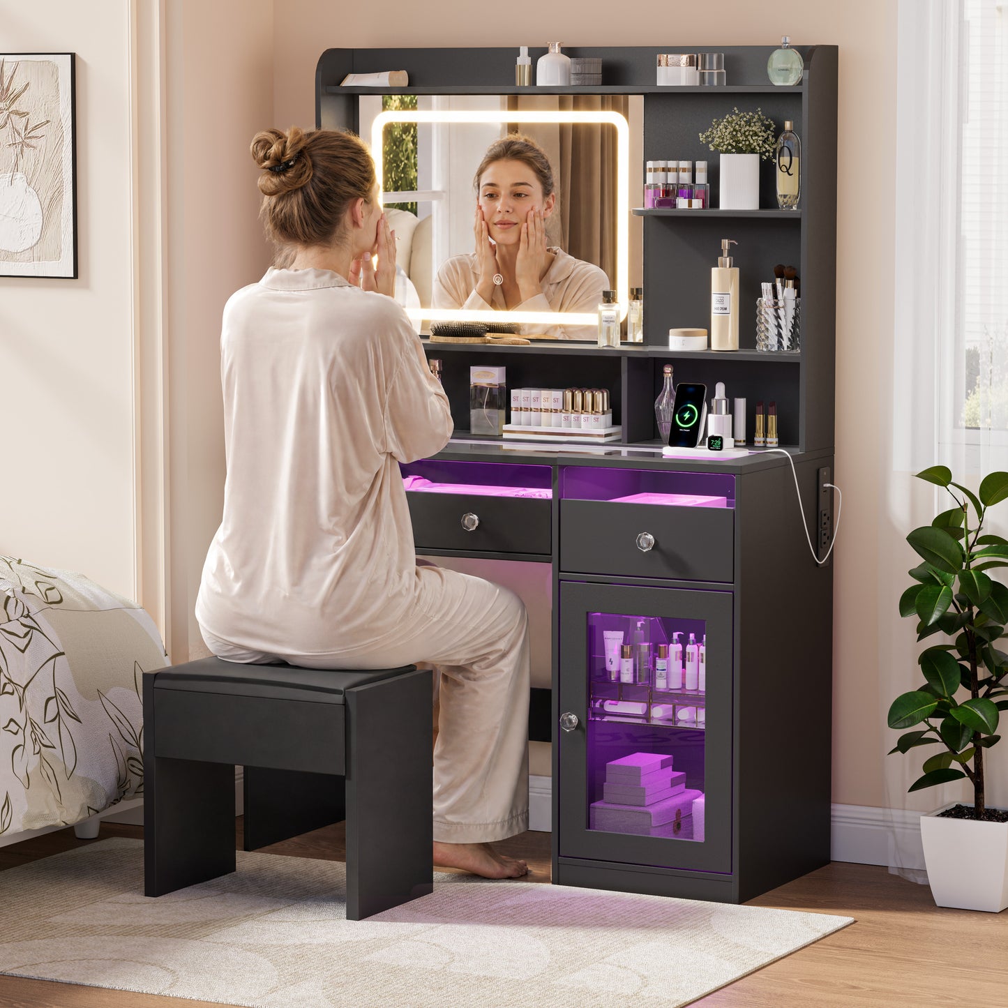 Satifur Modern LED Vanity Desk with Charging Station,Visible Tabletop & Storage, Black Makeup Table for Bedroom