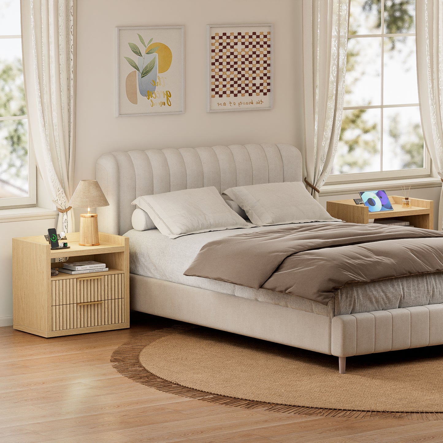 Satifur Modern Fluted Nightstand Set of 2 with Charging Station & 2 Storage Drawer for Bedroom
