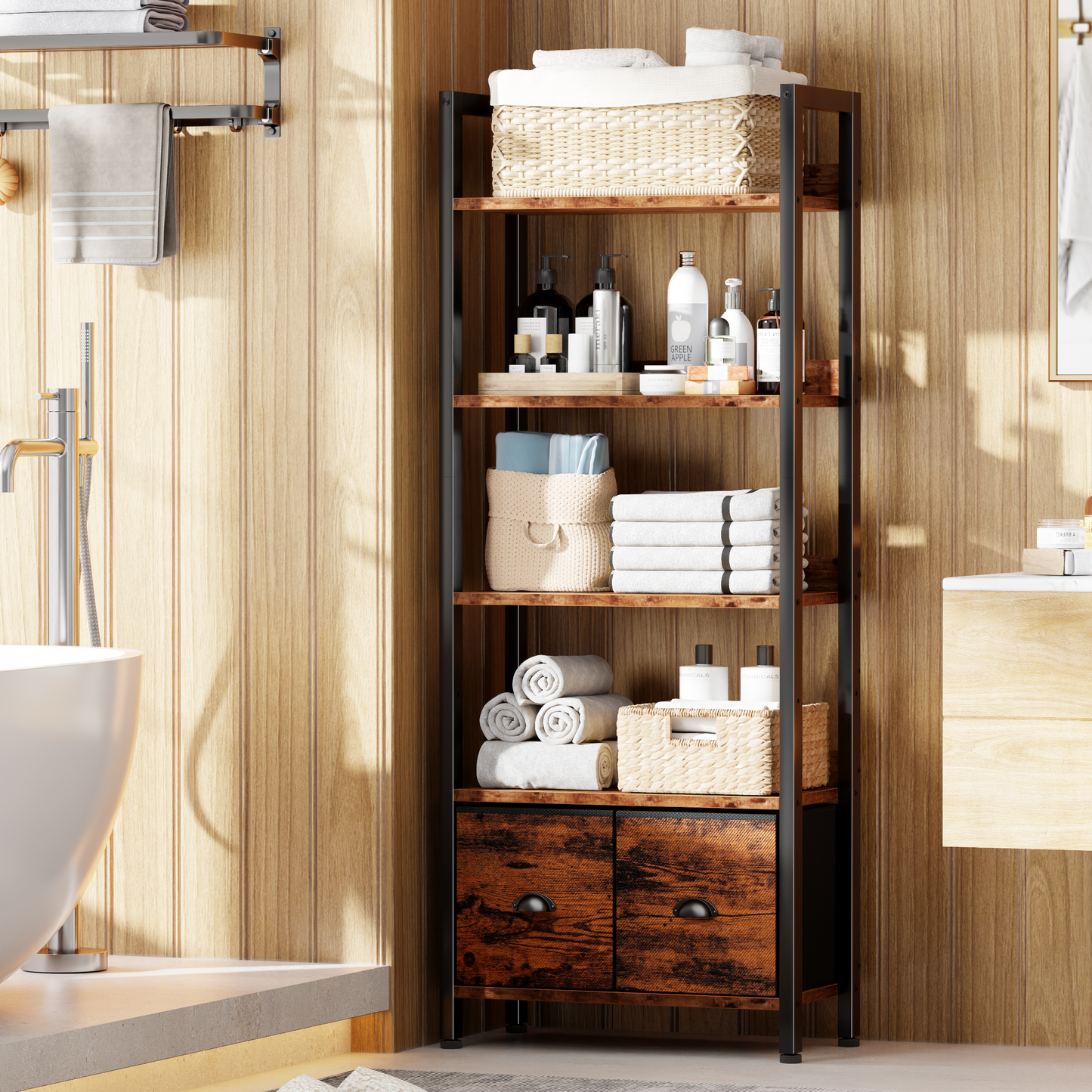 Iezza 5 Tier Rustic Brown Industrial Bookcase, Tall Storage Organizer with Detachable Drawers, Waterproof & Easy Clean Shelving for Bedroom, Kitchen, Entryway