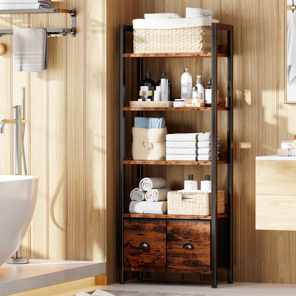Iezza 5 Tier Rustic Brown Industrial Bookcase, Tall Storage Organizer with Detachable Drawers, Waterproof & Easy Clean Shelving for Bedroom, Kitchen, Entryway
