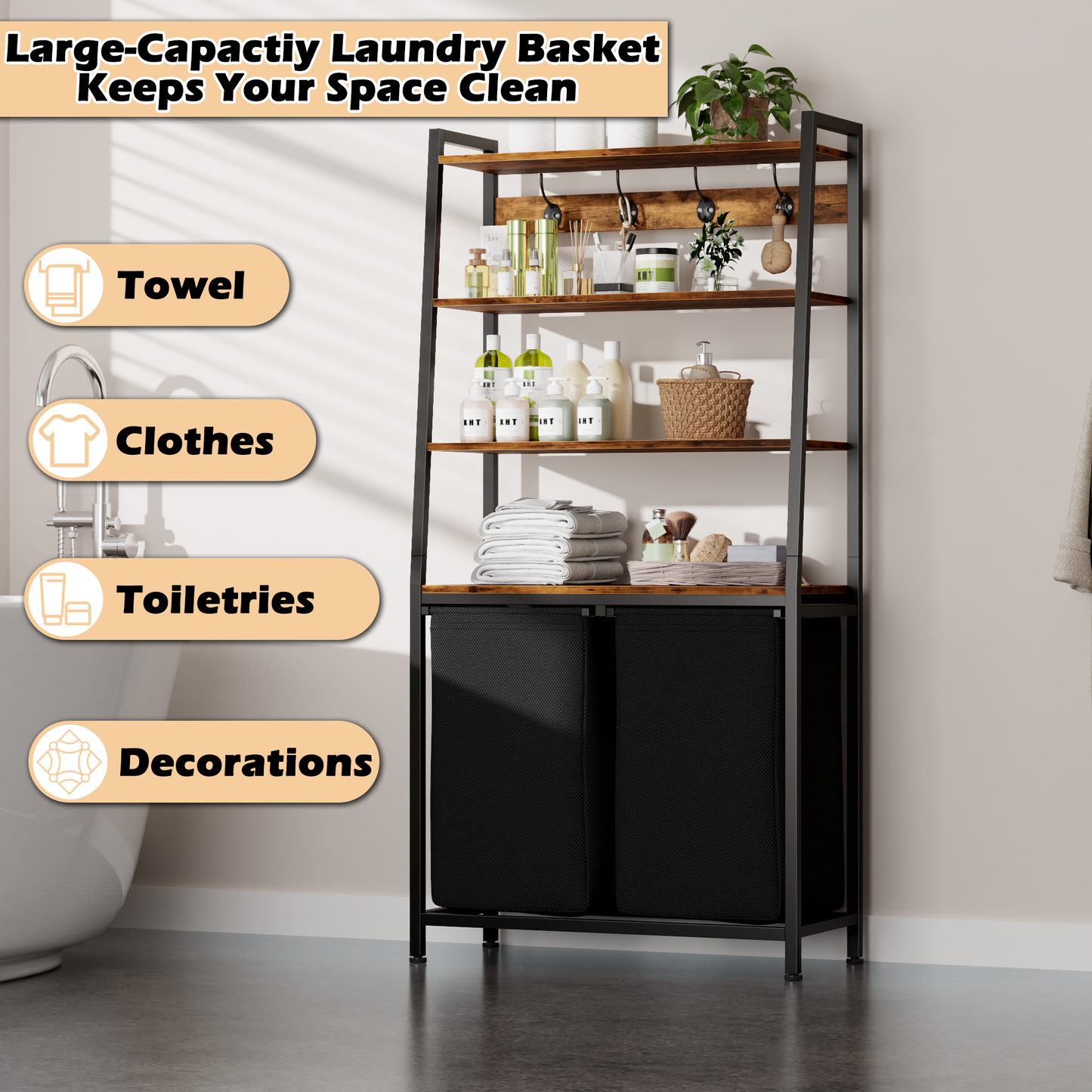 Satifur Laundry Basket Hamper Clothes Hamper with Oxford Fabric Pull-Out Bag 2-Tier Shelf