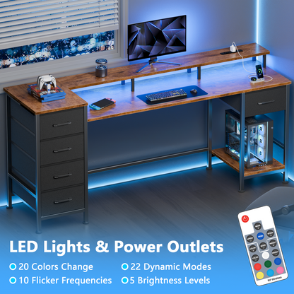 Satifur Gaming Desk with LED Lights & Power Outlets, 61" Computer Desk with 5 Fabric Drawers & Open Storage, Reversible Home Office Desk,Retro Brown