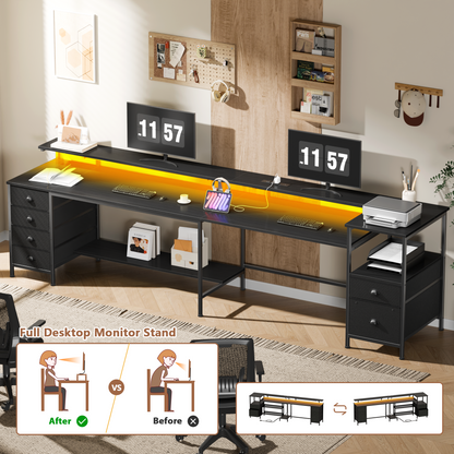 Sarifur L Shaped Computer Desk with Charging Station and LED Lights, 66 inch PC Table Study Desk 6 Drawers for Bedroom,Office Black