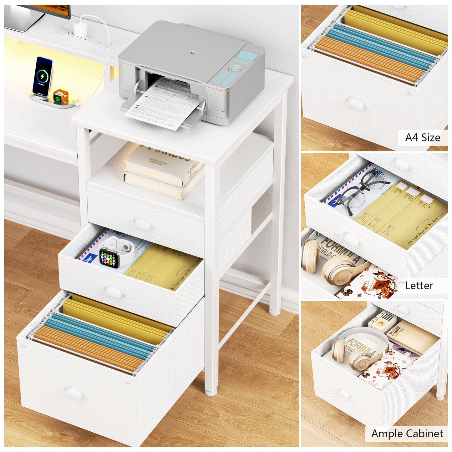 Satifur Computer Desk with 4 Drawers, 60 Inch Reversible Desk with Led Lights & Power Outlet, Home Office Desk with File Drawer & Monitor Stand, White