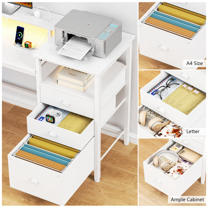 Satifur Computer Desk with 4 Drawers, 60 Inch Reversible Desk with Led Lights & Power Outlet, Home Office Desk with File Drawer & Monitor Stand, White
