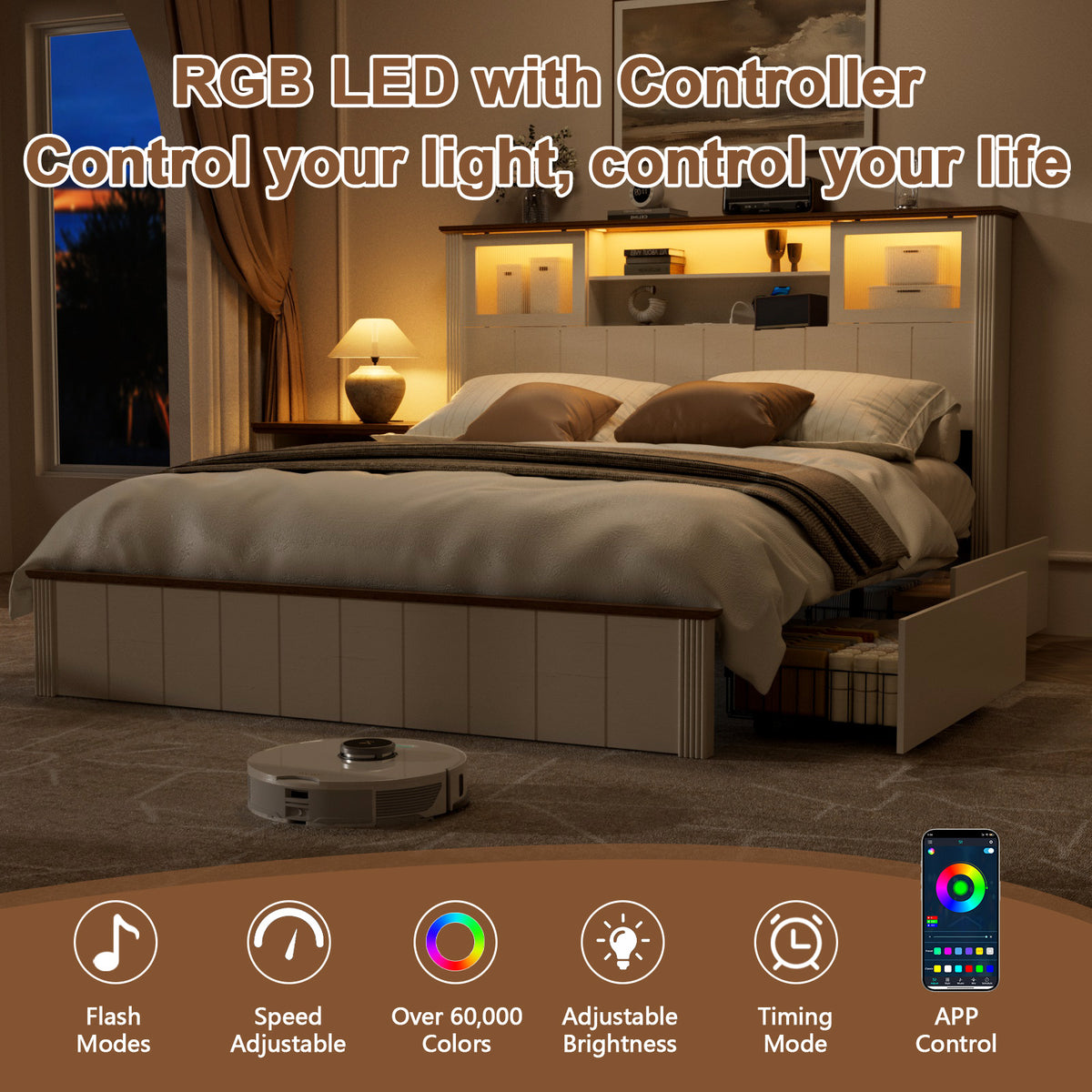 Satifur Metal Platform Bed Frame with Storage Drawers & RGB LED Strip Light, Built‑in Charging Station, No Box Spring Needed, White & Walnut Brown