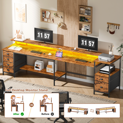 Sarifur L Shaped Computer Desk with Charging Station and LED Lights, 66 inch PC Table Study Desk 6 Drawers for Bedroom,Office Rustic Brown