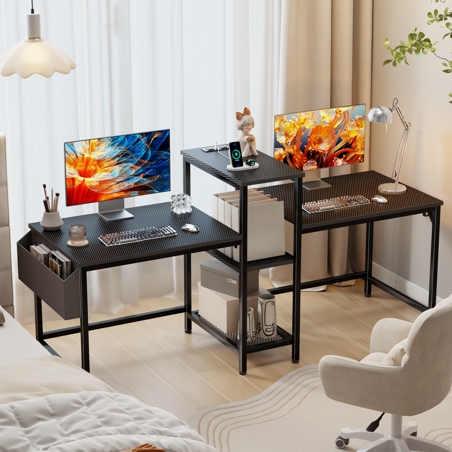 Satifur 71 Inch 2 Person Gaming Desk with Charging Station Home Office Computer Writing Desks with Storage Shelves,Black