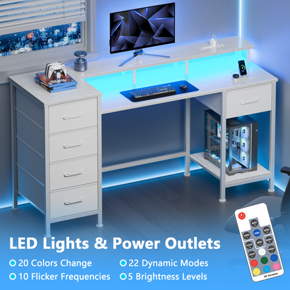 Satifur Gaming Desk with LED Lights & Power Outlets, 47" Computer Desk with 5 Fabric Drawers & Open Storage, Reversible Home Office Desk,White